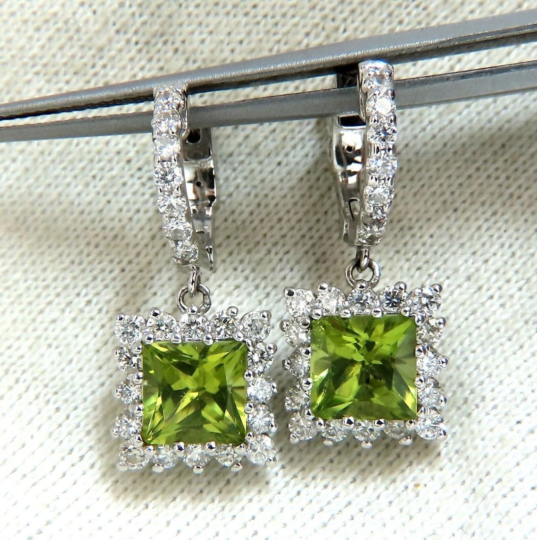 3.68ct Natural Peridot 1.36ct Diamond Dangle Earrings 14 Karat**: Title: 3.68ct Natural Peridot 1.36ct Diamond Dangle Earrings 14 Karat** Description: 3.68ct Natural Peridot 1.36ct Diamond Dangle Earrings 14 Karat $2,000.00 PRODUCT DESCRIPTION Halo Square Hoop Dangl