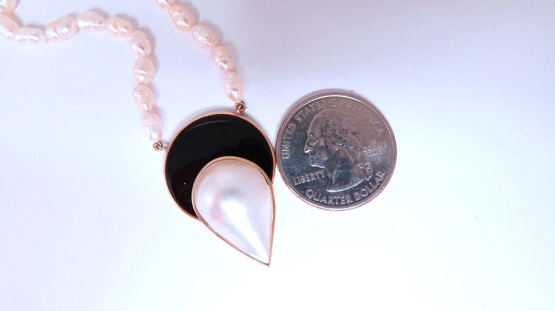 Art Deco Style Onyx Mabe Pearl Necklace 14kt Gold** - 5