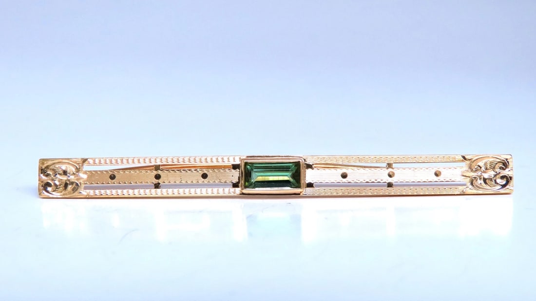 Estate Circa 1918 Tie Bar / hair pin 14kt Gold Bright Tourmaline**: Title: Estate Circa 1918 Tie Bar / hair pin 14kt Gold Bright Tourmaline** Description: Estate Circa 1918 Tie Bar / hair pin 14kt Gold Bright Tourmaline $600.00 PRODUCT DESCRIPTION estate tie bar / hai
