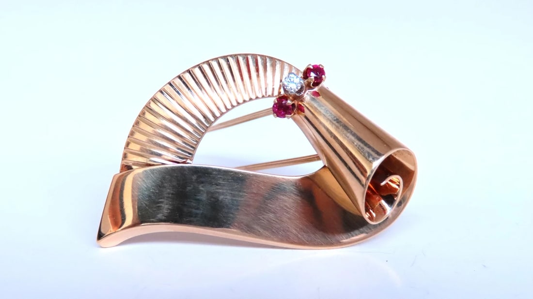 Regency Deco Ruby Diamond Swirl Brooch Pin 14kt 12533**: Title: Regency Deco Ruby Diamond Swirl Brooch Pin 14kt 12533** Description: Regency Deco Ruby Diamond Swirl Brooch Pin 14kt 12533 $1,500.00 PRODUCT DESCRIPTION regency revival deco swirl brooch