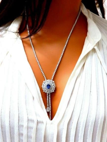 Cluster Bolo Necklace Sapphire Diamonds 18kt Gold GIA Certified 17.30ct 12349** - 7
