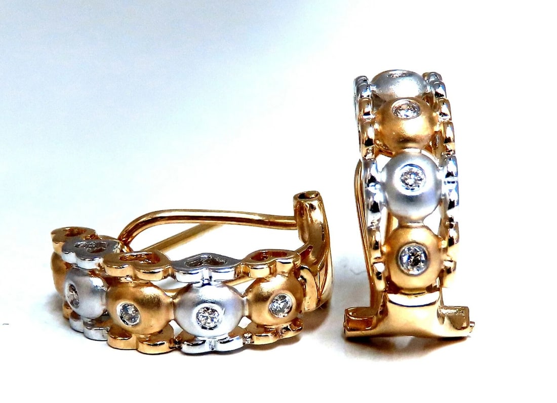 .10ct Natural Diamonds Semi Hoop Clip Earrings 14kt Gold Heart Profiles**: Title: .10ct Natural Diamonds Semi Hoop Clip Earrings 14kt Gold Heart Profiles** Description: Semi Hoop, Omega Clip closure & Hearts Profile .10ct. Natural diamonds Rounds, Full cut brilliants. I-colo