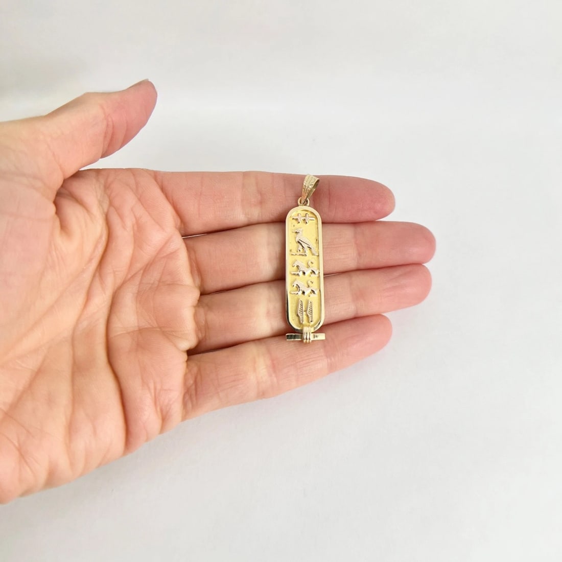 Long Cartouche Hieroglyphic Necklace Pendant Charm 18K Yellow Gold, 4.85 Grams - 2