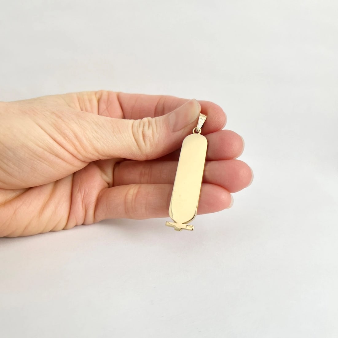 Long Cartouche Hieroglyphic Necklace Pendant Charm 18K Yellow Gold, 4.85 Grams - 4