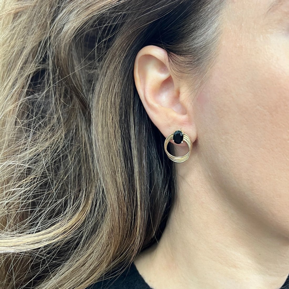 Estate Black Sapphire Gemstone Loop Drop Earrings 14K Yellow Gold, 2.57 Grams - 3