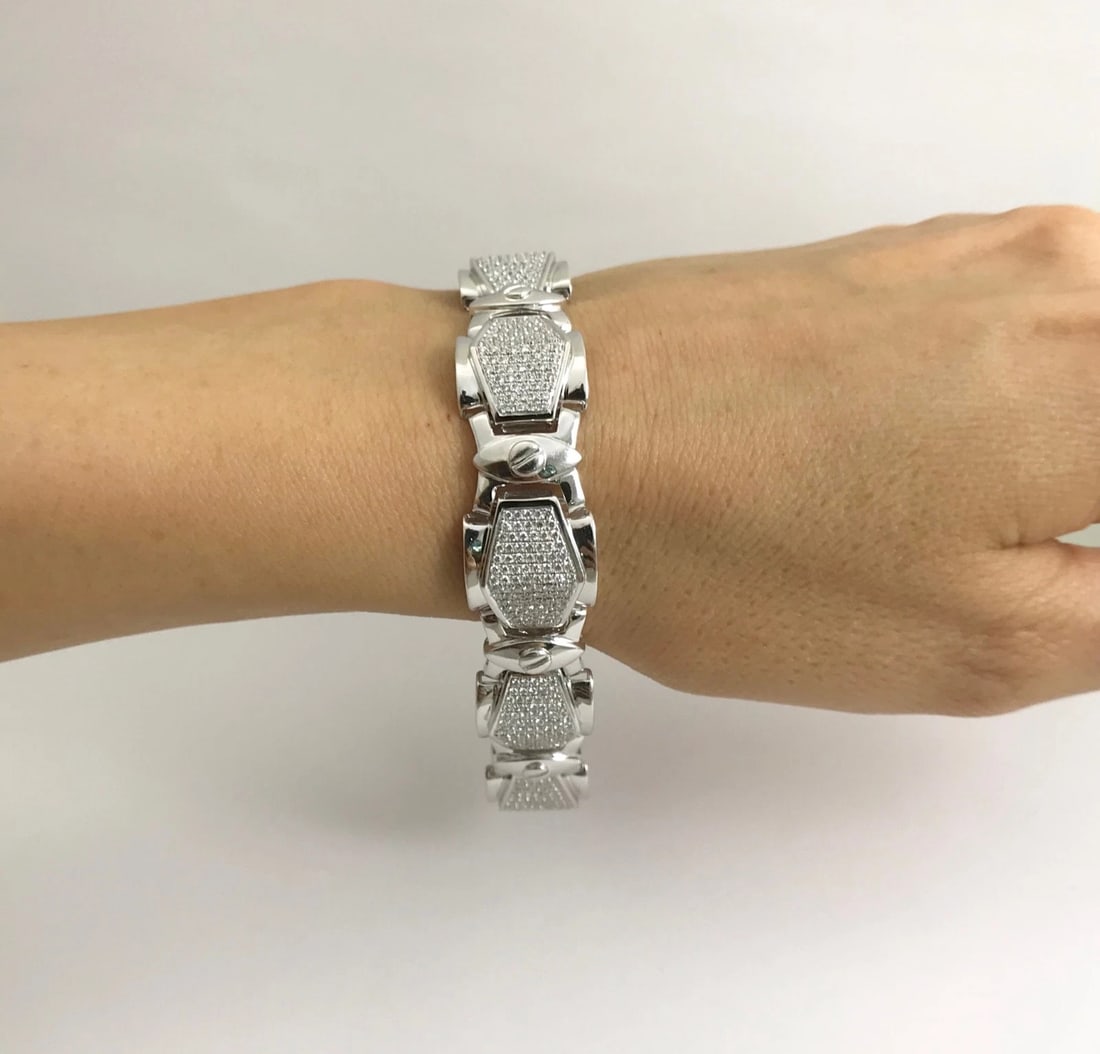 Wide Geometric Pave Diamond Bracelet 18K White Gold, 2 CTW, 8.5 Inches, 43.23 Gr - 3