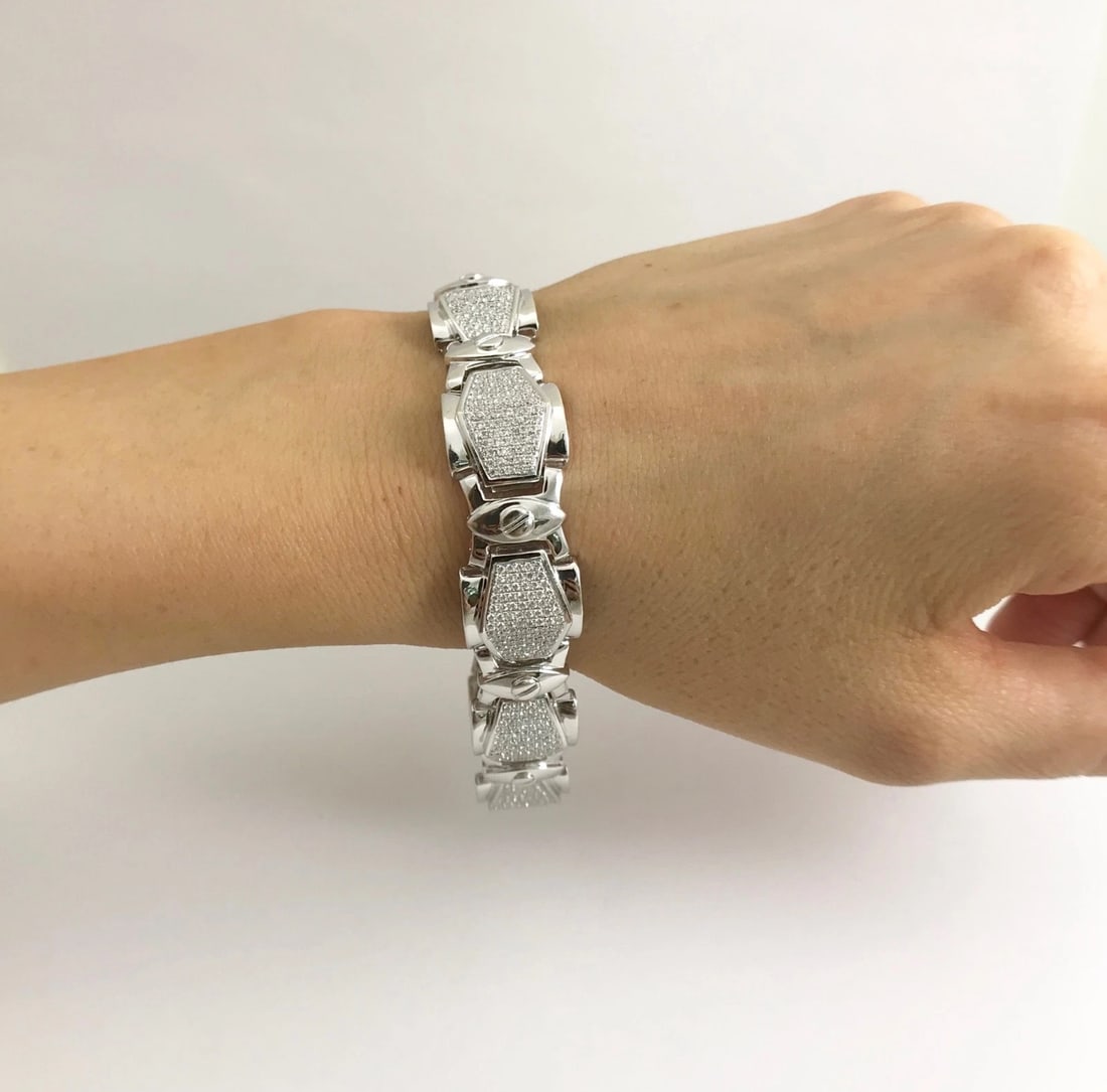 Wide Geometric Pave Diamond Bracelet 18K White Gold, 2 CTW, 8.5 Inches, 43.23 Gr - 5