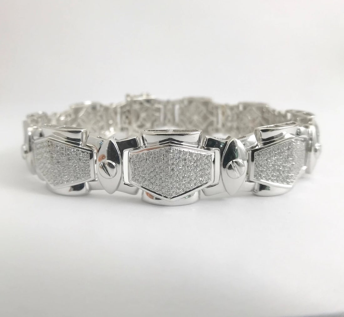 Wide Geometric Pave Diamond Bracelet 18K White Gold, 2 CTW, 8.5 Inches, 43.23 Gr - 7