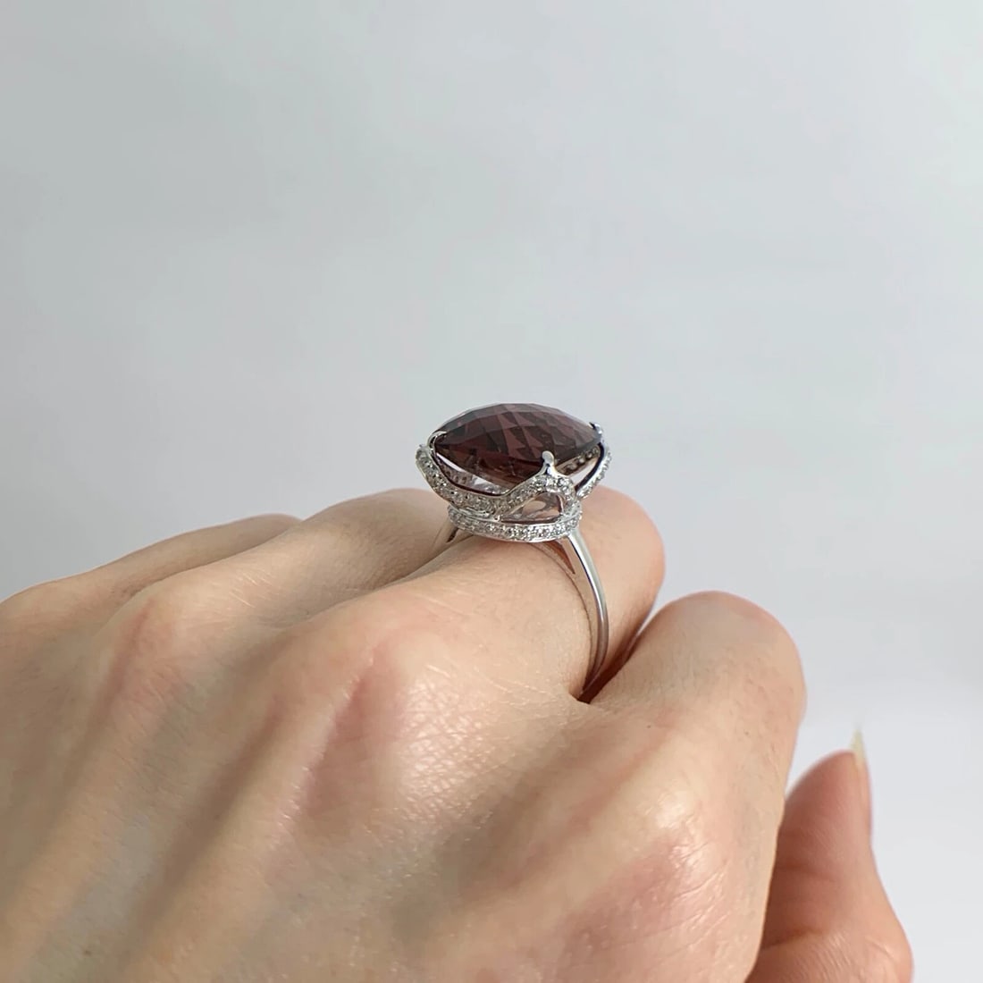 Plum Rhodolite Garnet Diamond Gemstone Cocktail Ring 18K White Gold, 6.35 CTW - 4