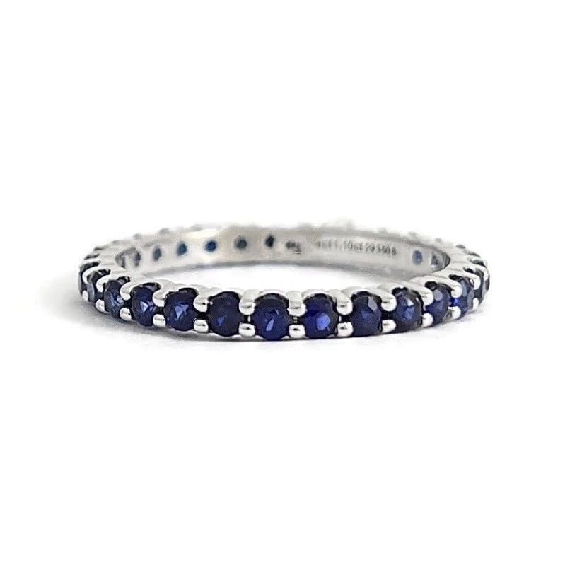 Thin Round Blue Sapphire Gemstone Band Eternity Ring 14K White Gold, 1.10 CTW (1 of 6)