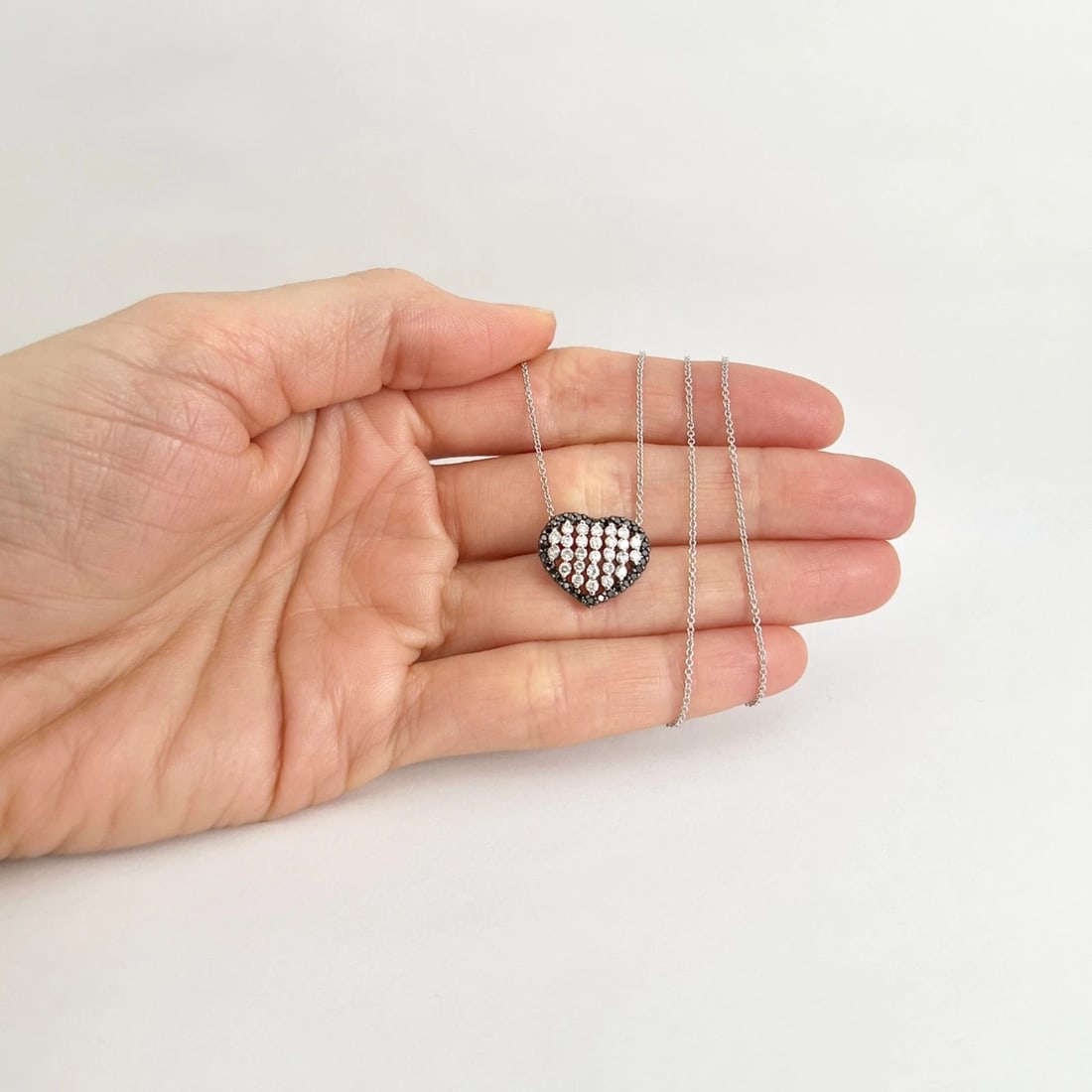 Italian Pave Black White Diamond Heart Pendant Necklace 14K White Gold, .71 CTW - 4