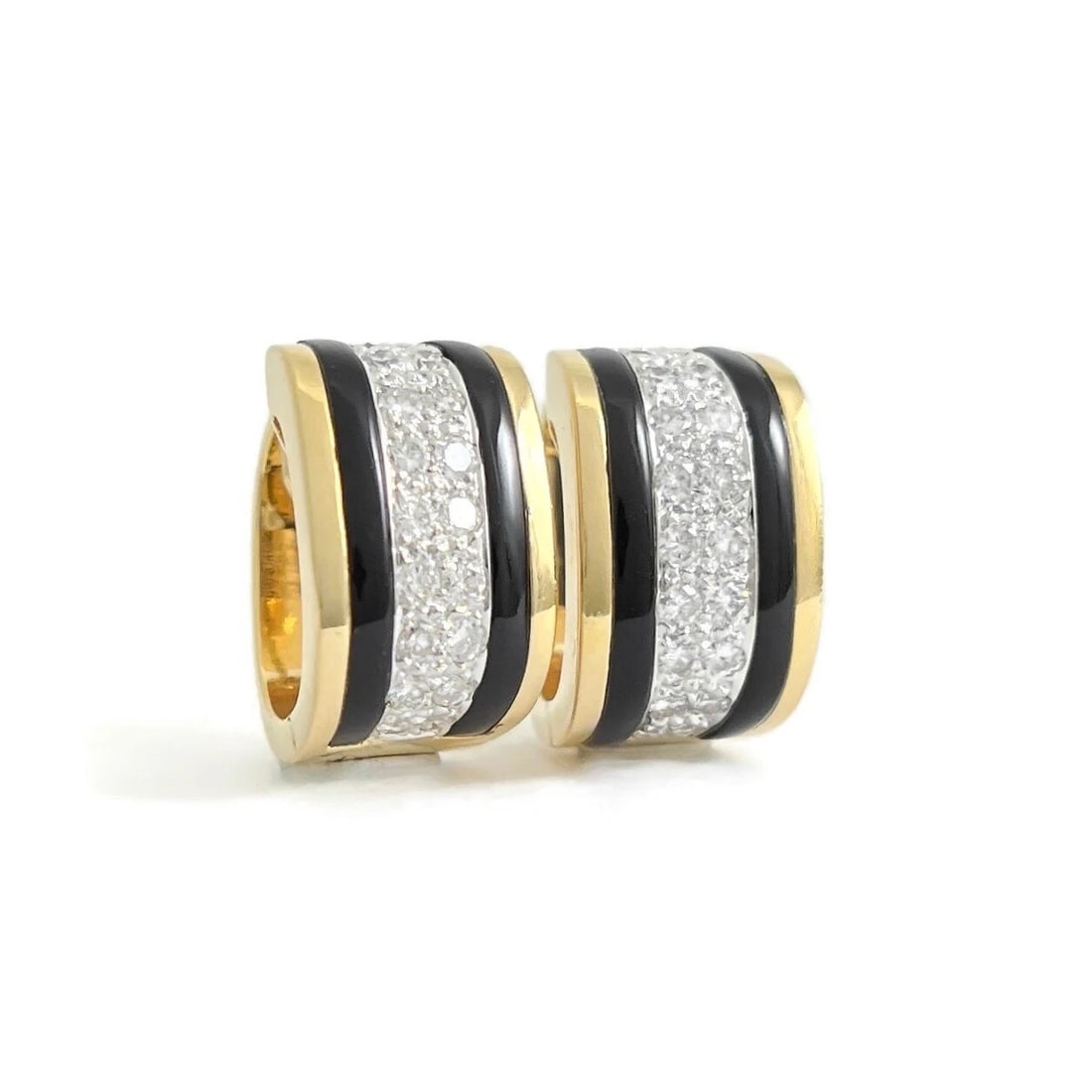 Wide Pave Diamond Black Onyx Huggie Hoop Earrings 18K Yellow Gold, .72 CTW (1 of 4)