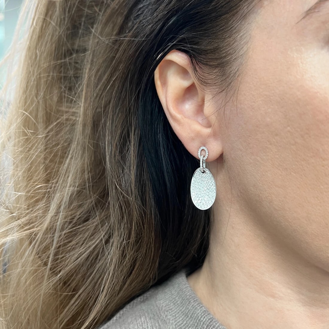 Pave Diamond Oval Tag Dangle Drop Earrings 18K White Gold, 2.54 CTW - 2