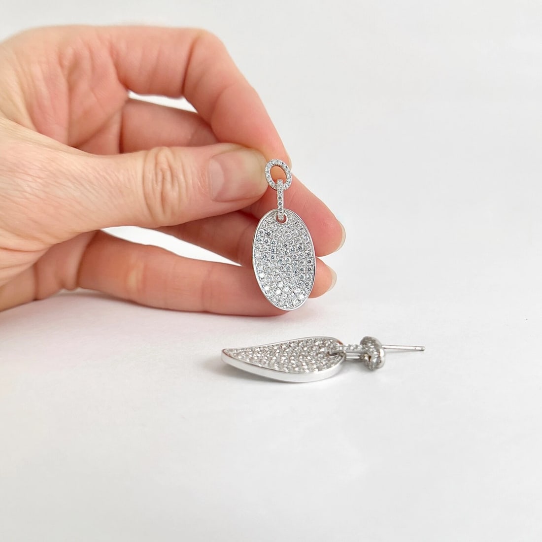 Pave Diamond Oval Tag Dangle Drop Earrings 18K White Gold, 2.54 CTW - 4