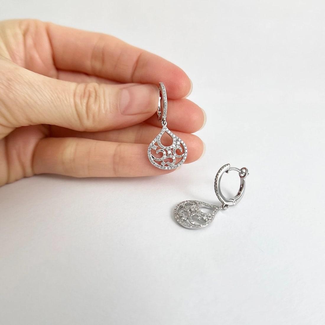 Diamond Filigree Teardrop Dangle Drop Earrings 14K White Gold, .53 CTW - 2