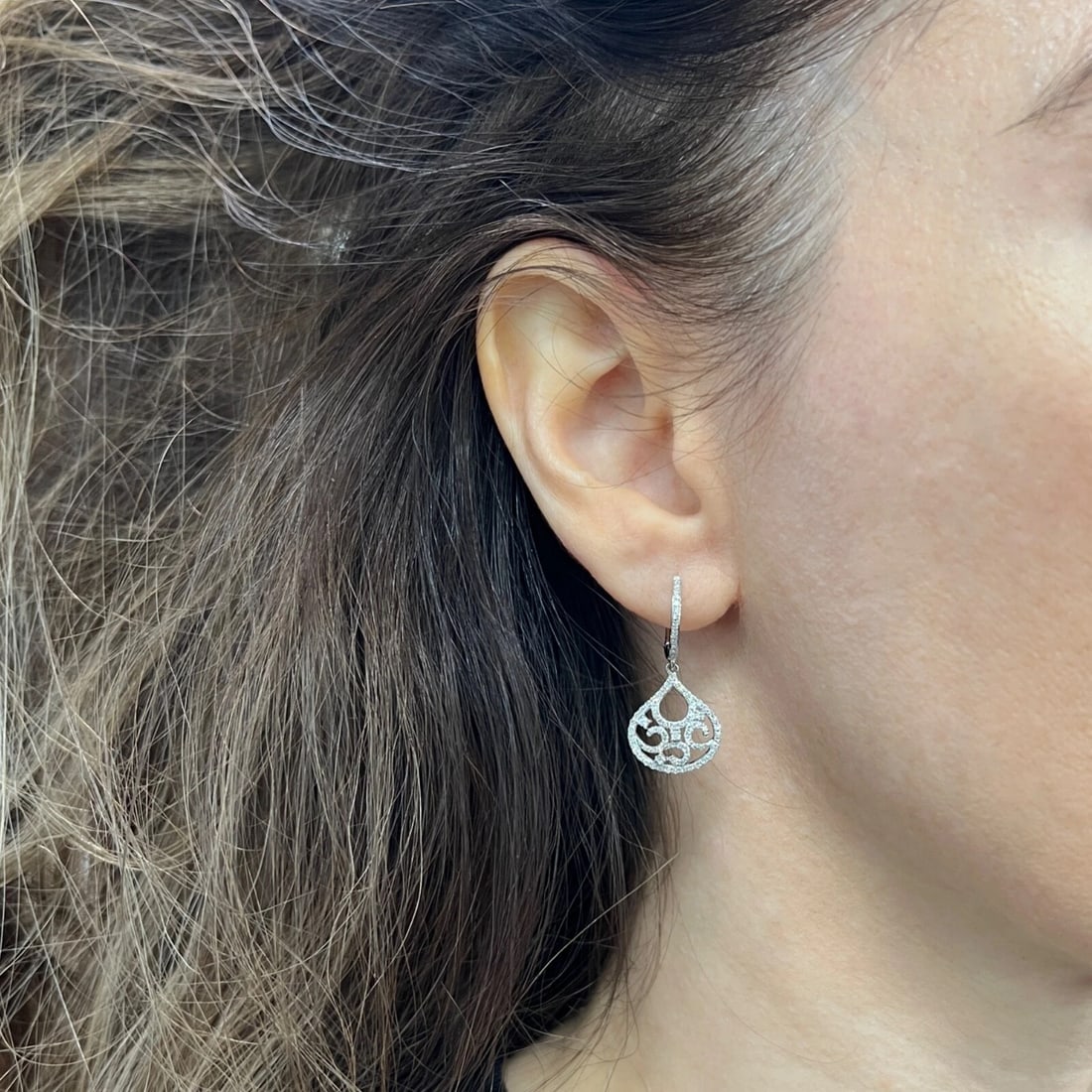 Diamond Filigree Teardrop Dangle Drop Earrings 14K White Gold, .53 CTW - 3