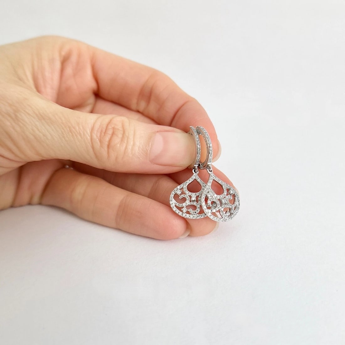 Diamond Filigree Teardrop Dangle Drop Earrings 14K White Gold, .53 CTW - 5