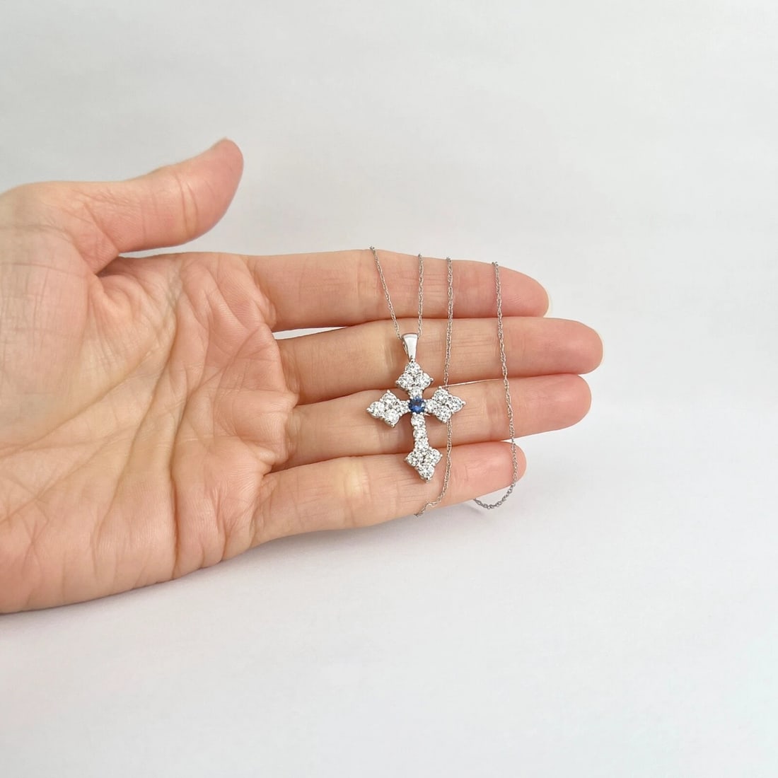 Blue Sapphire Cluster Diamond Cross Pendant Necklace 14K White Gold, 2.26 CTW - 2