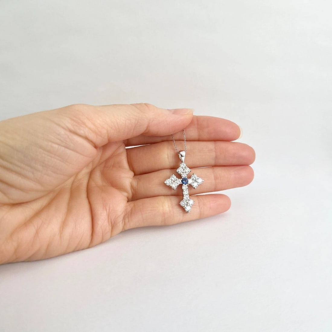 Blue Sapphire Cluster Diamond Cross Pendant Necklace 14K White Gold, 2.26 CTW - 4
