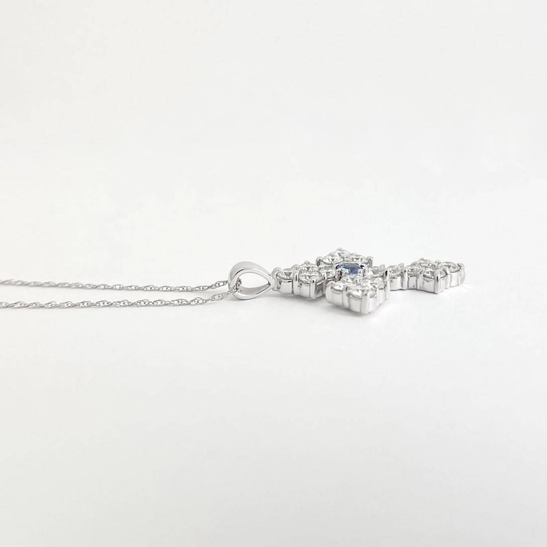 Blue Sapphire Cluster Diamond Cross Pendant Necklace 14K White Gold, 2.26 CTW - 5