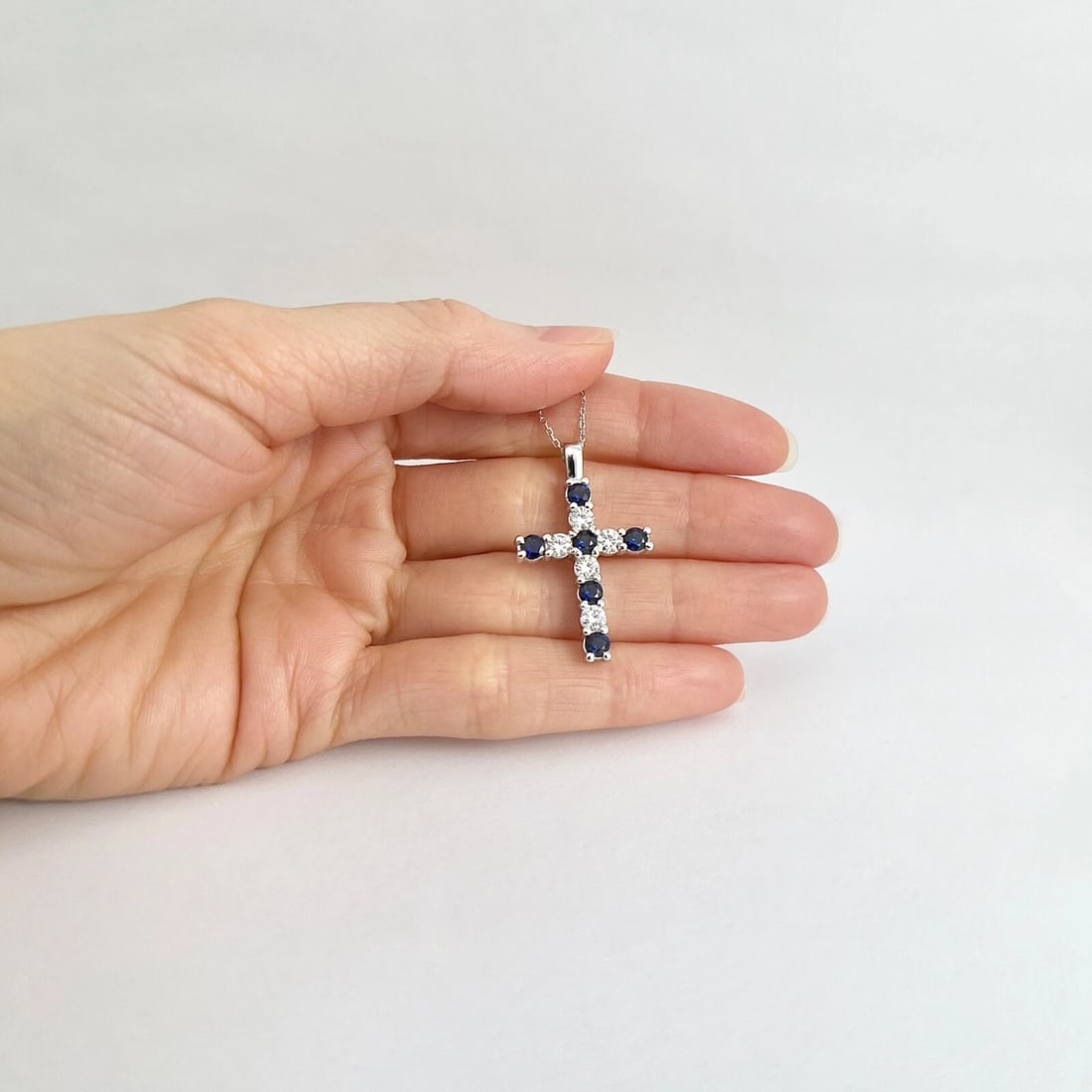 Blue Sapphire Diamond Gemstone Cross Pendant Necklace 14K White Gold, 2.15 CTW - 4