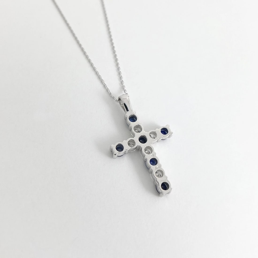 Blue Sapphire Diamond Gemstone Cross Pendant Necklace 14K White Gold, 2.15 CTW - 6