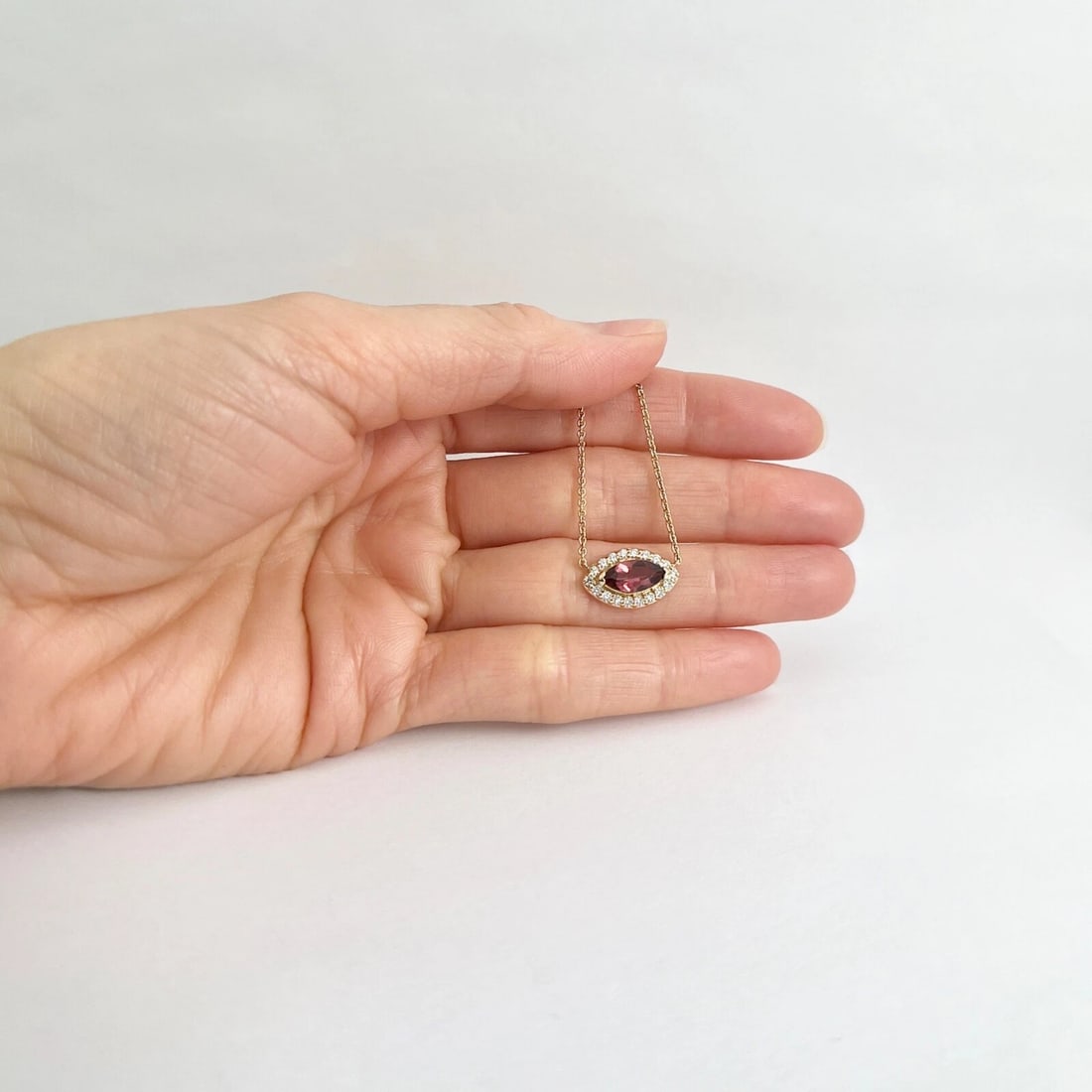 Marquise Garnet Diamond Halo Pendant Necklace 14K Yellow Gold, 1.38 CTW - 2