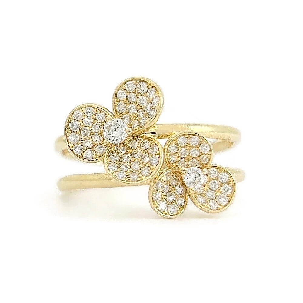 Pave Diamond Flower Floral Split Shank Statement Ring 14K Yellow Gold, .45 CTW (1 of 8)