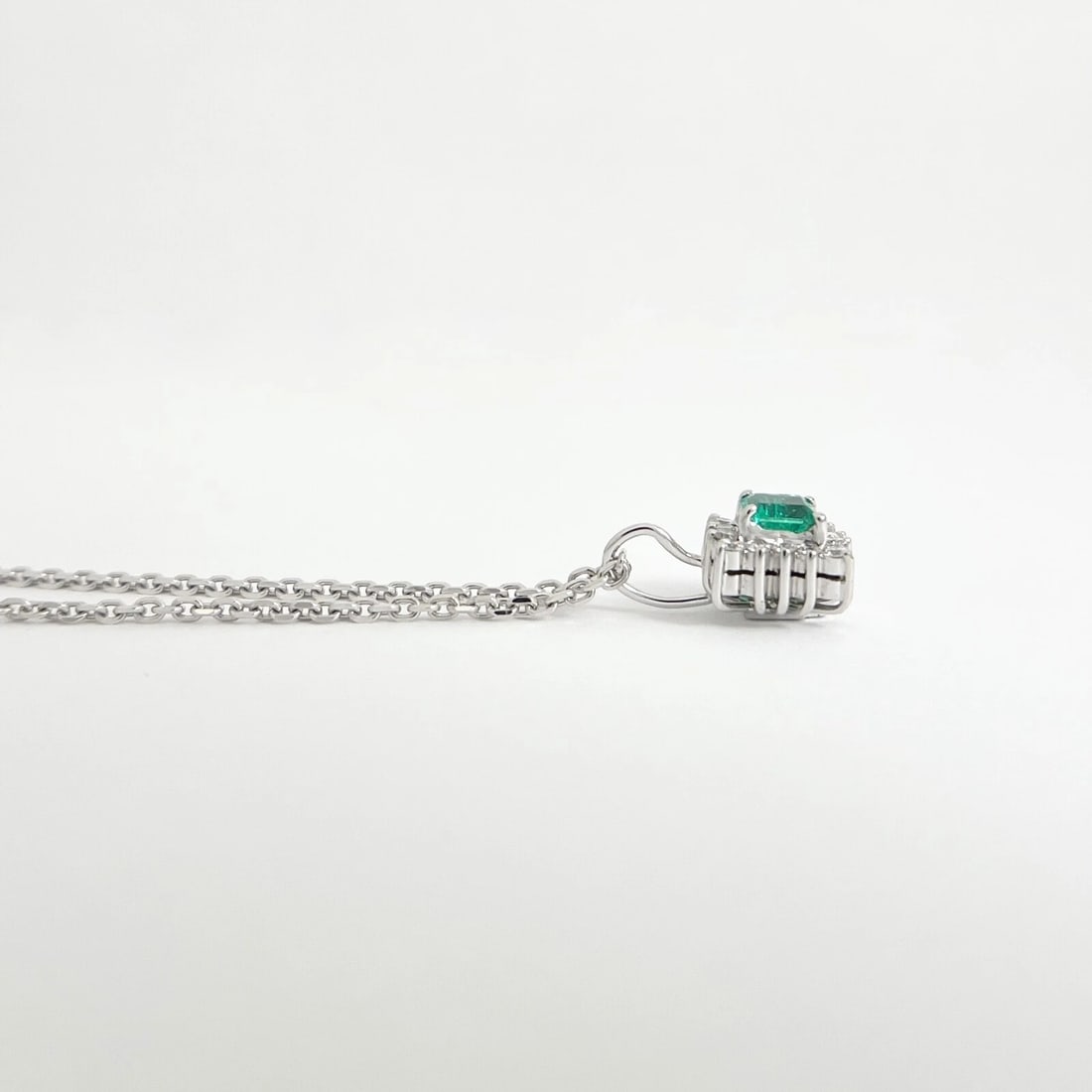Green Emerald Diamond Halo Gemstone Pendant Necklace 14K White Gold .75 CTW - 5