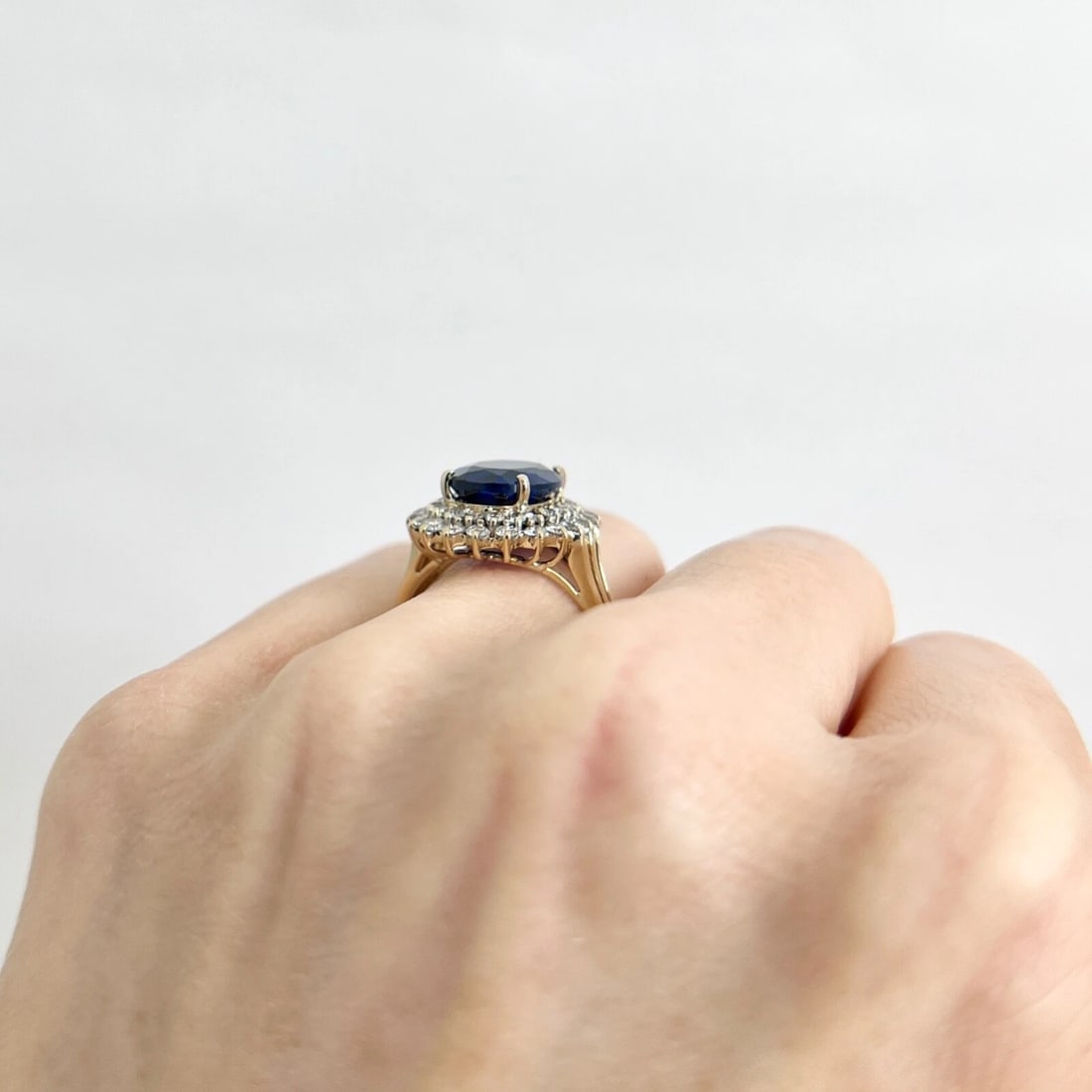 Oval Blue Simulated Sapphire Diamond Double Halo Ring 18K Yellow Gold 4.95 CTW - 5