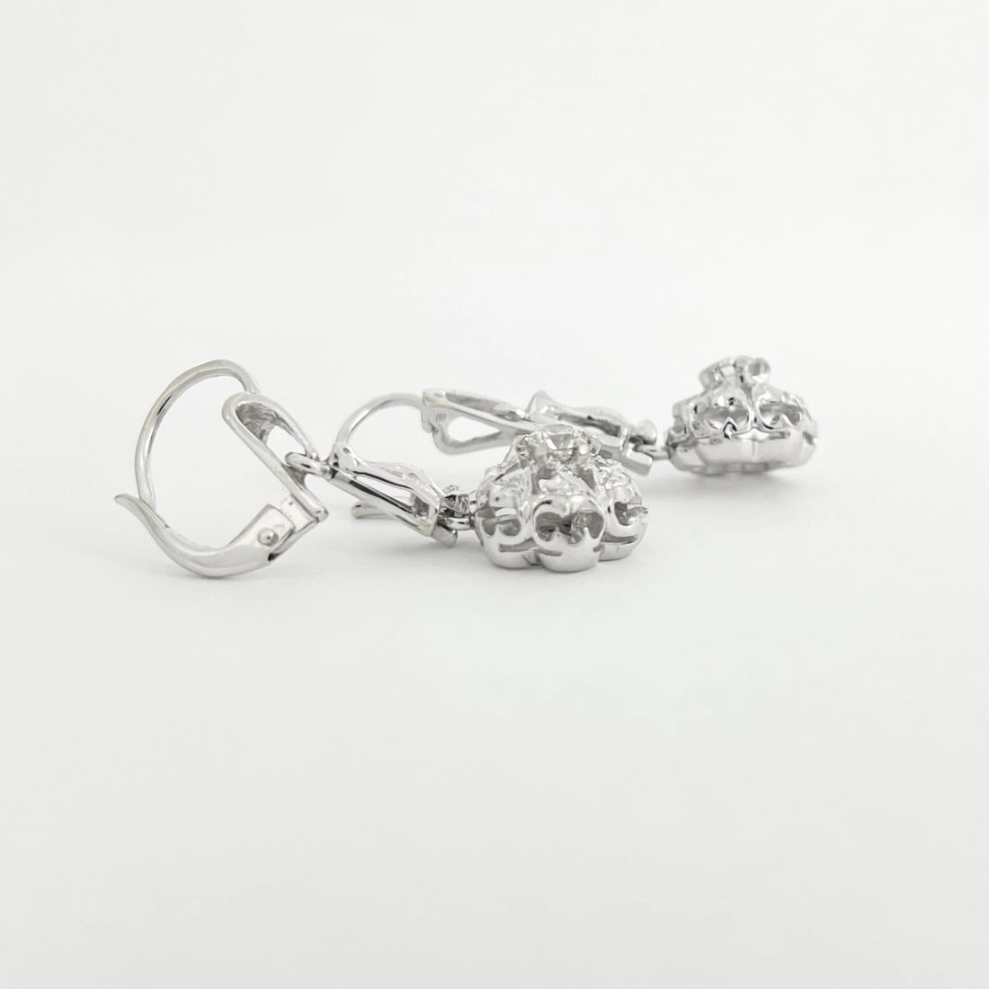 Vintage Crimped Scalloped Diamond Dangle Drop Earrings 18K White Gold, 1.3 Inch - 6