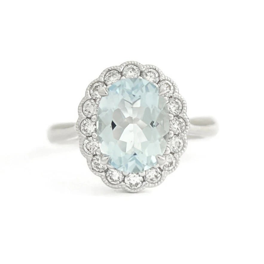 Oval Aquamarine Diamond Halo Gemstone Ring 14K White Gold, 2.08 CTW: Title: Oval Aquamarine Diamond Halo Gemstone Ring 14K White Gold, 2.08 CTW Description: Oval Aquamarine Diamond Halo Gemstone Ring 10K White Gold, 2.08 CTW This is a gorgeous ring! Please let us know