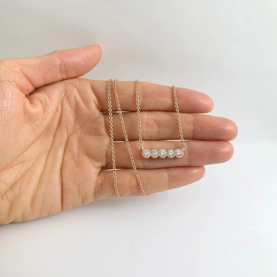 Milgrain Bezel Straight Diamond Bar Pendant Necklace 14K Rose Gold, 1.01 CTW - 2