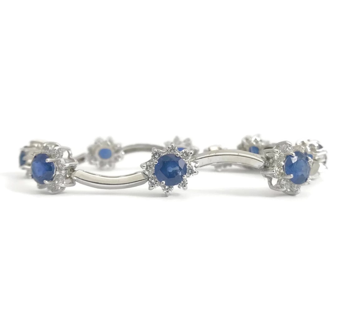 Blue Sapphire Diamond Halo Gemstone Bracelet 14K White Gold, 9.90 CTW, 7 Inches (1 of 12)