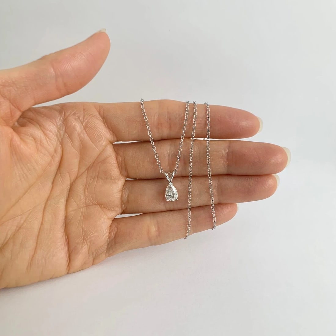 Pear Solitaire Diamond Teardrop Pendant Necklace 14K White Gold, .82 CT - 2