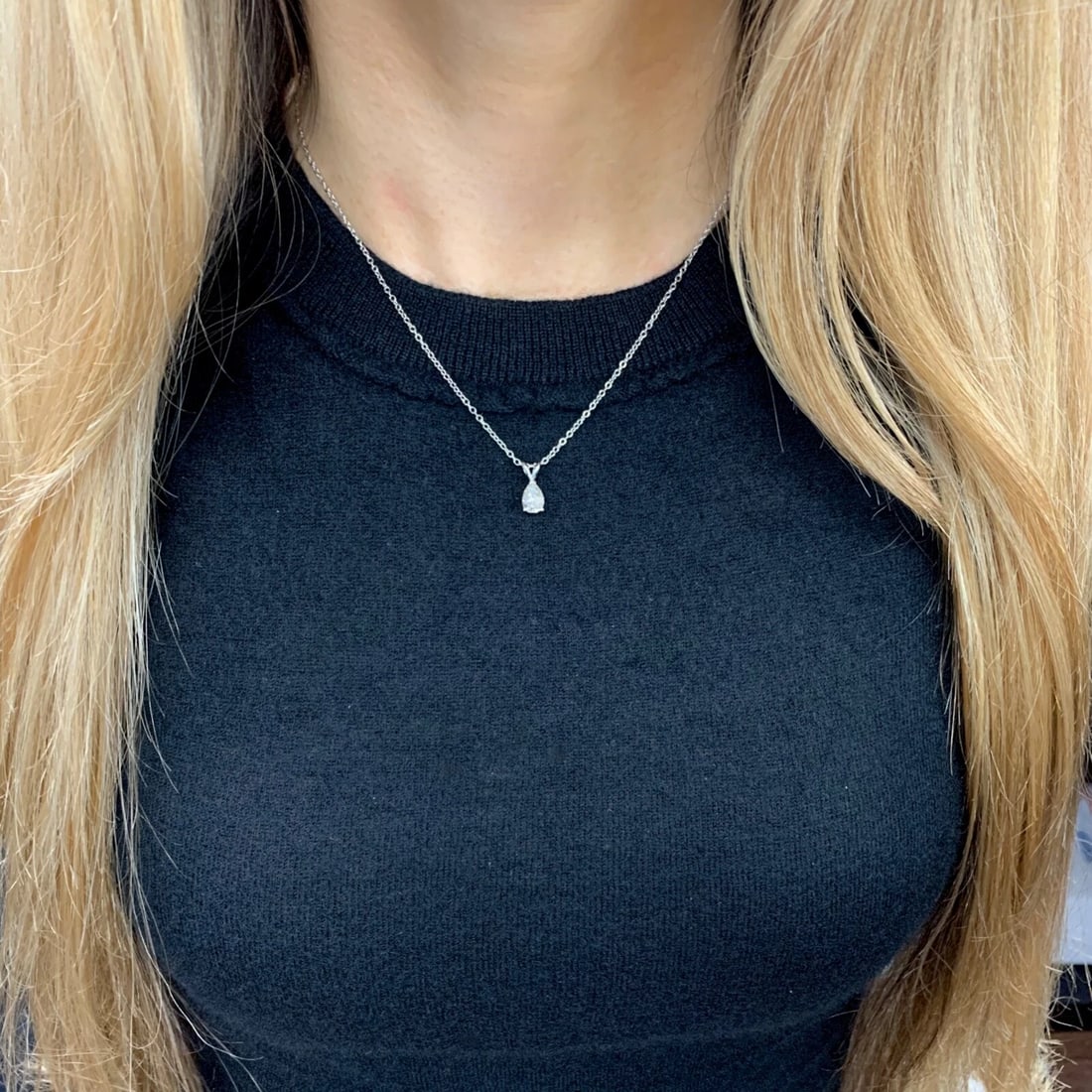 Pear Solitaire Diamond Teardrop Pendant Necklace 14K White Gold, .82 CT - 5