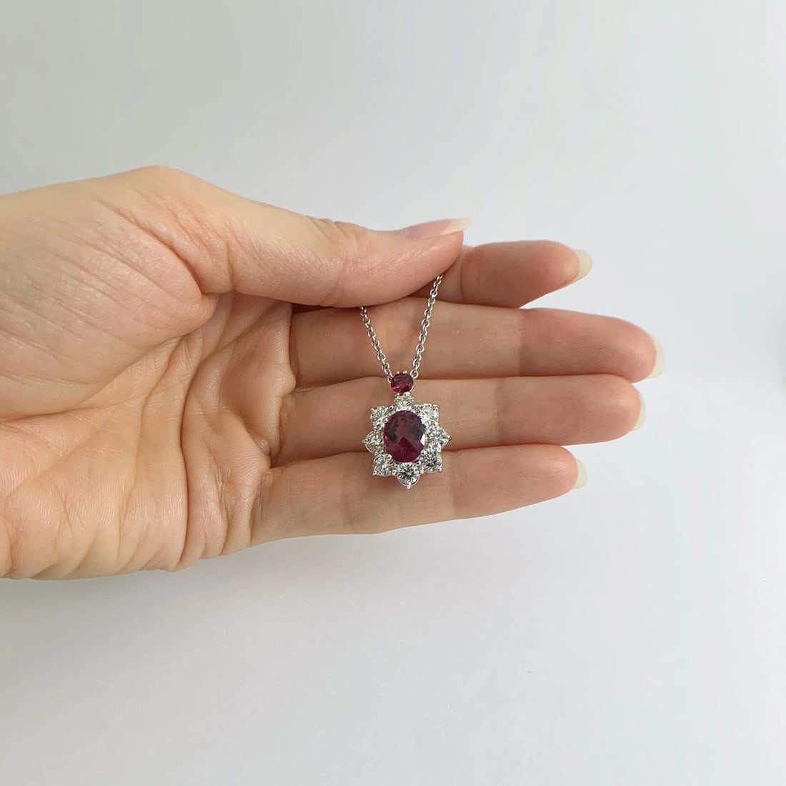 Oval Pink Tourmaline Diamond Halo Pendant Necklace 14K White Gold, 4.11 CTW - 2