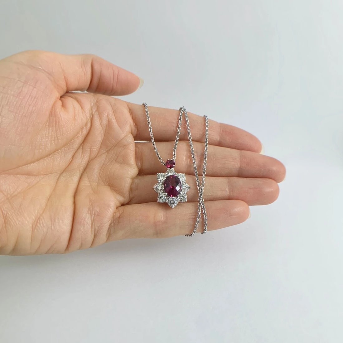 Oval Pink Tourmaline Diamond Halo Pendant Necklace 14K White Gold, 4.11 CTW - 3