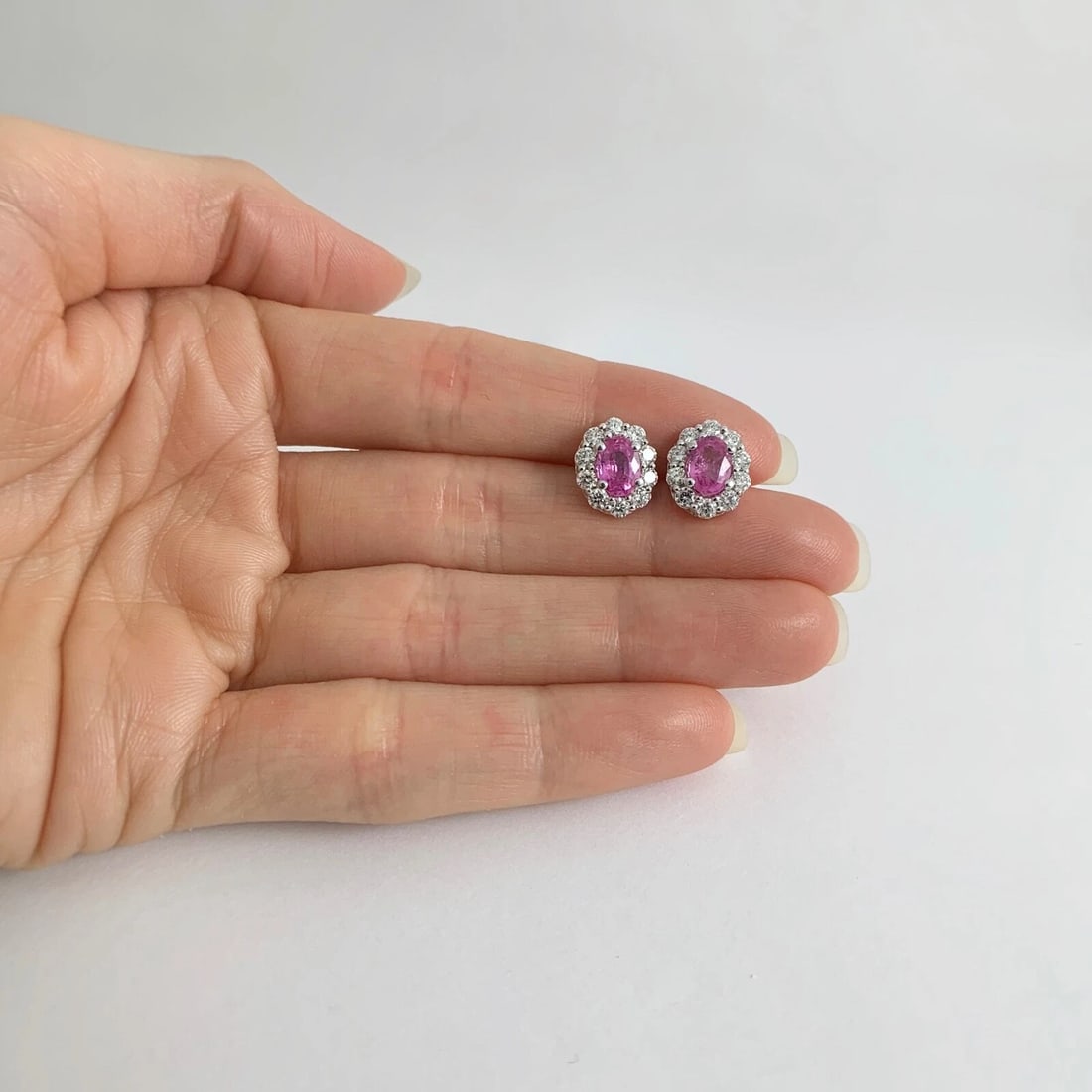 Oval Pink Sapphire Diamond Halo Stud Earrings 14K White Gold, 2.80 CTW, 2.88 Gr - 2