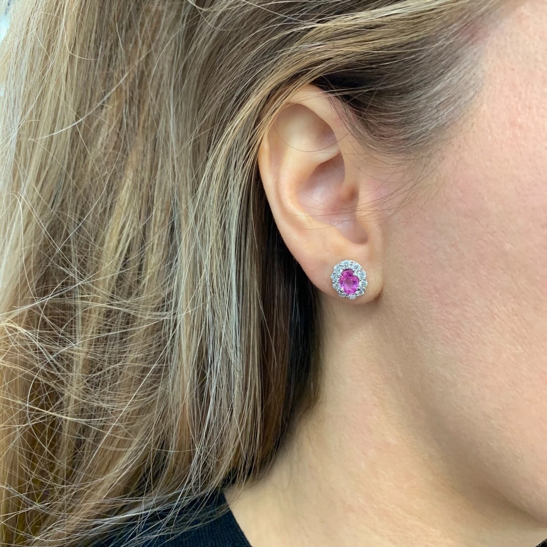 Oval Pink Sapphire Diamond Halo Stud Earrings 14K White Gold, 2.80 CTW, 2.88 Gr - 4