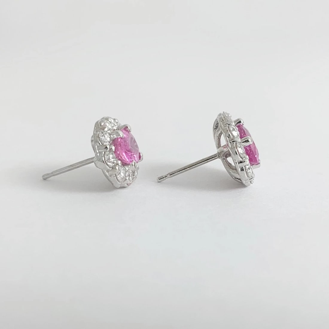 Oval Pink Sapphire Diamond Halo Stud Earrings 14K White Gold, 2.80 CTW, 2.88 Gr - 6