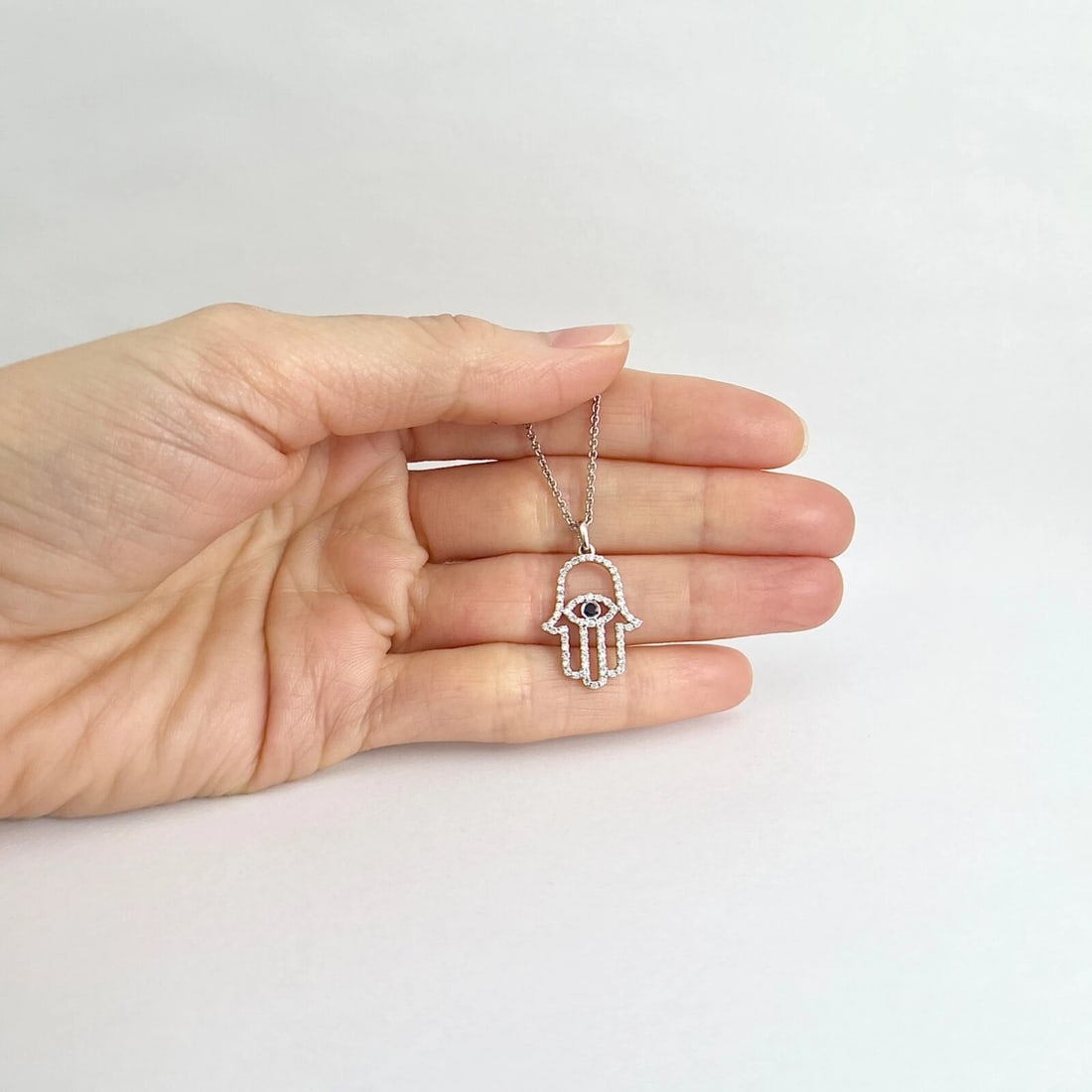 Blue Sapphire Diamond Hamsa Hand Evil Eye Pendant Necklace 14K White Gold - 3