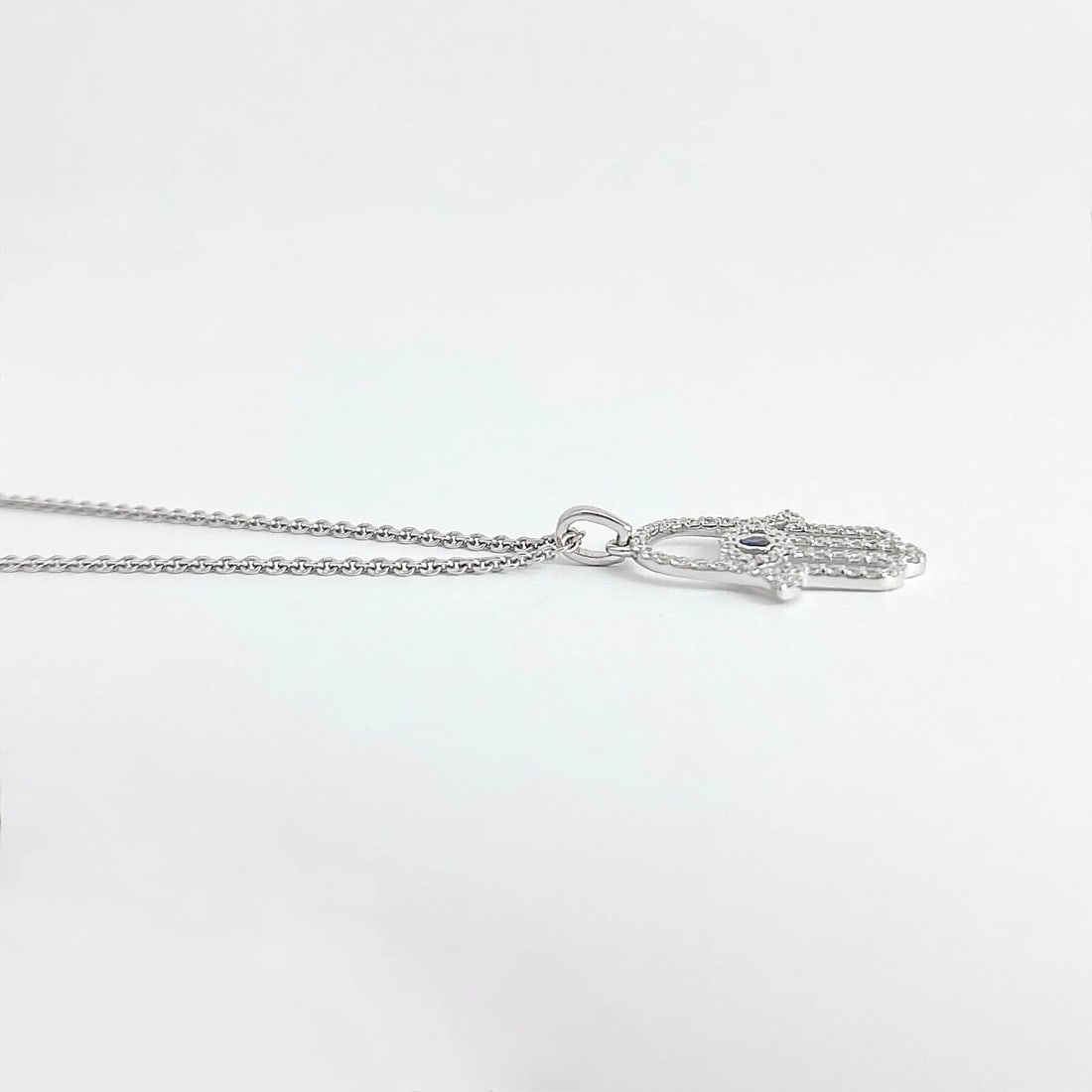 Blue Sapphire Diamond Hamsa Hand Evil Eye Pendant Necklace 14K White Gold - 5