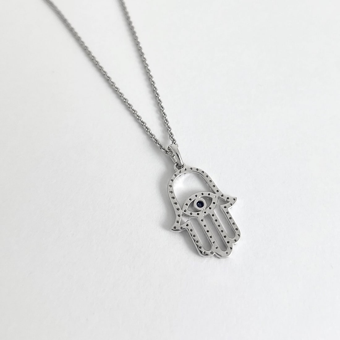 Blue Sapphire Diamond Hamsa Hand Evil Eye Pendant Necklace 14K White Gold - 6