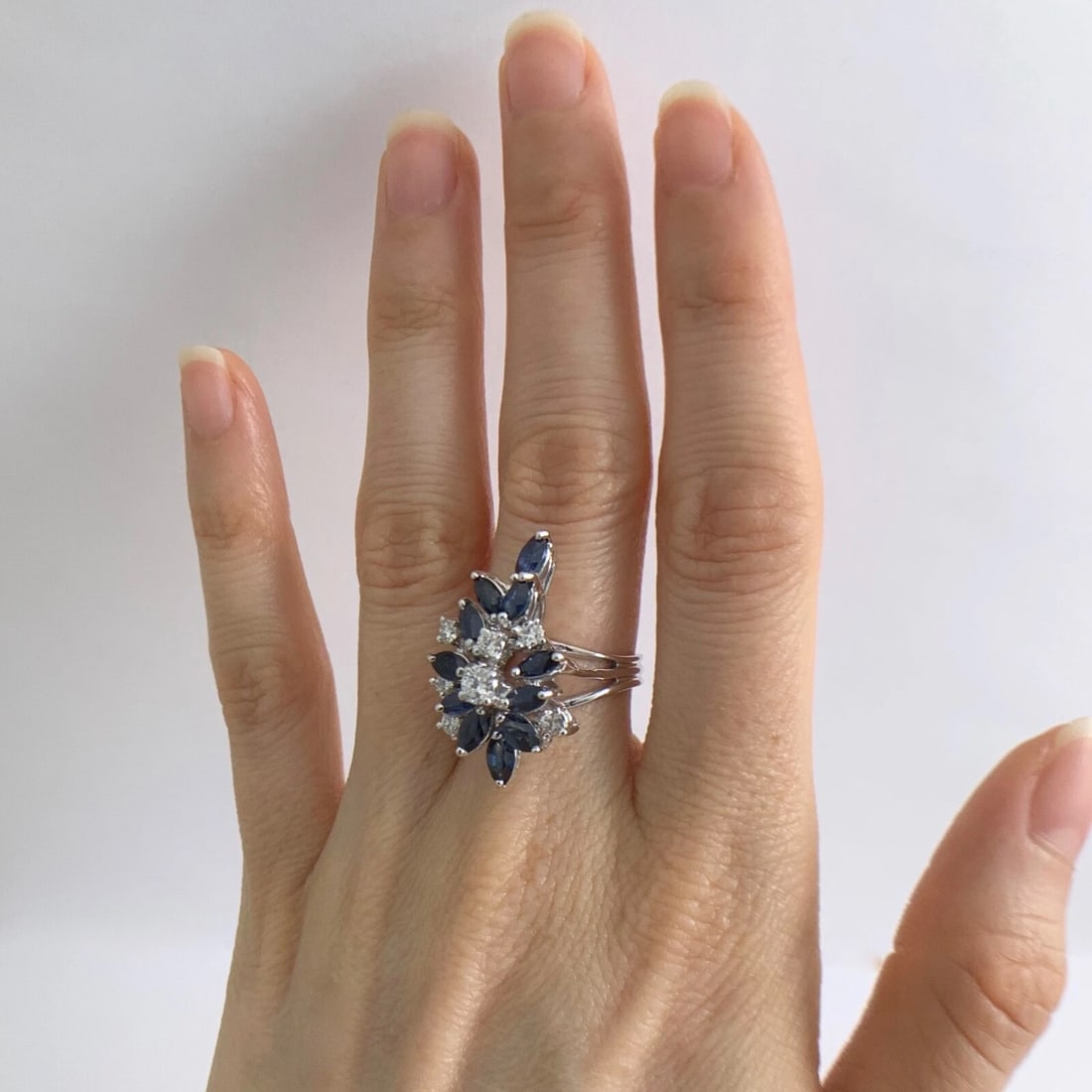 Blue Sapphire Diamond Cluster Cocktail Ring 12K White Gold, 2.02 CTW, 6.24 Grams - 3