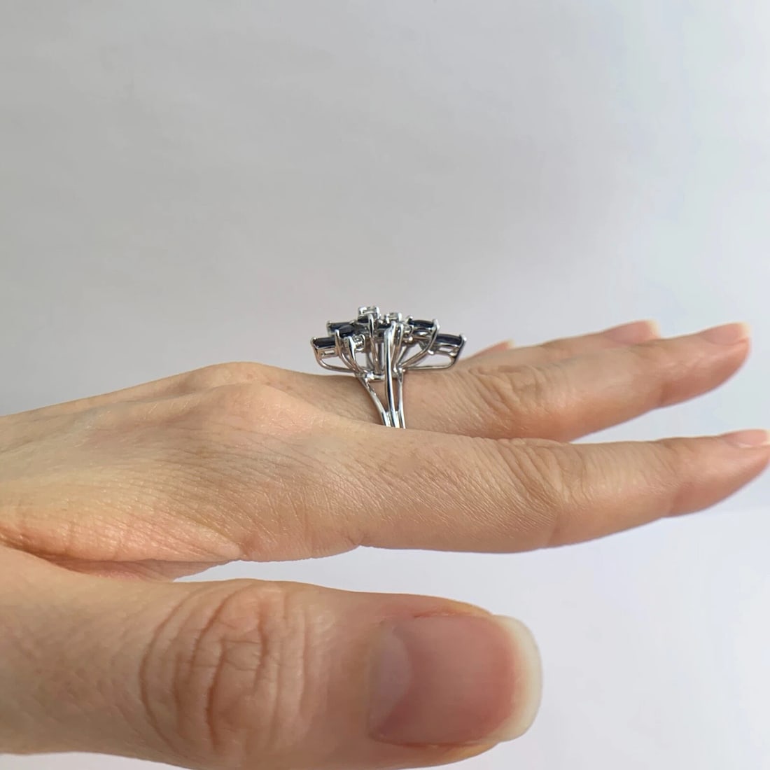 Blue Sapphire Diamond Cluster Cocktail Ring 12K White Gold, 2.02 CTW, 6.24 Grams - 4