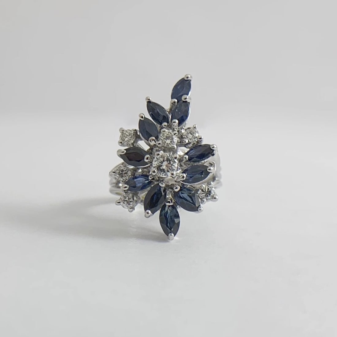 Blue Sapphire Diamond Cluster Cocktail Ring 12K White Gold, 2.02 CTW, 6.24 Grams - 6