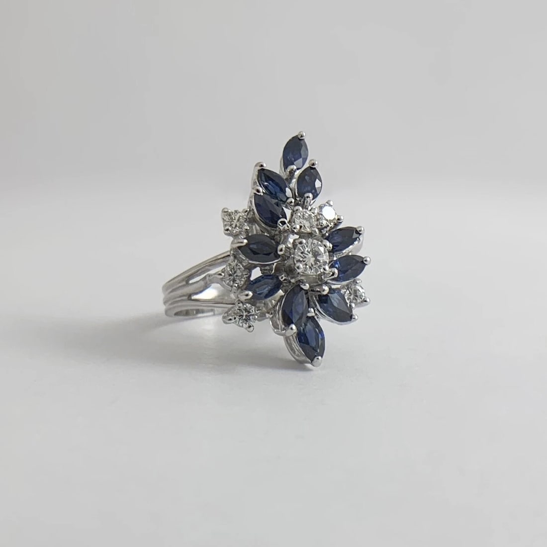 Blue Sapphire Diamond Cluster Cocktail Ring 12K White Gold, 2.02 CTW, 6.24 Grams - 7