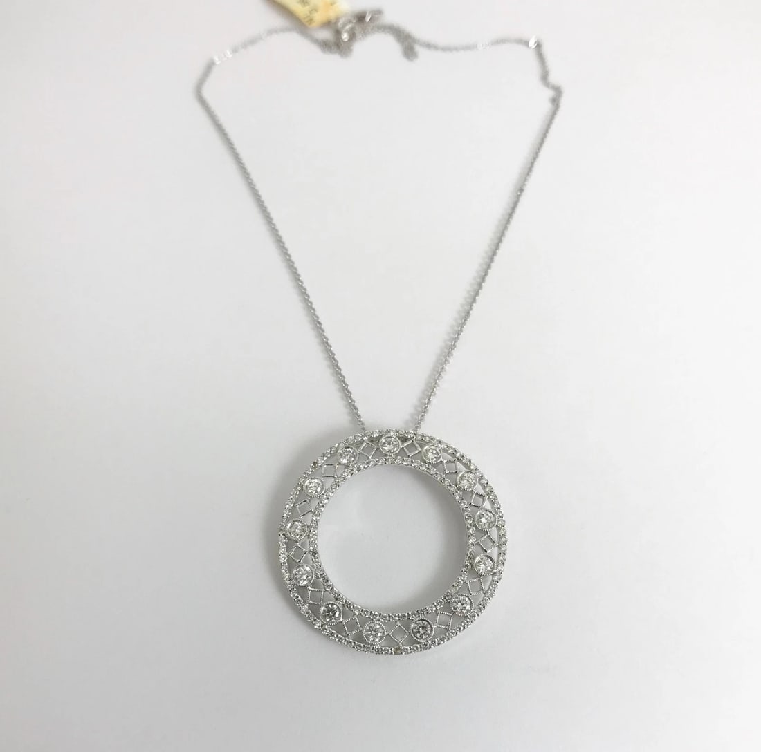 Italian Diamond Circle Pendant Necklace in 18K White Gold 1.28 CTW, 6.12 Grams - 7
