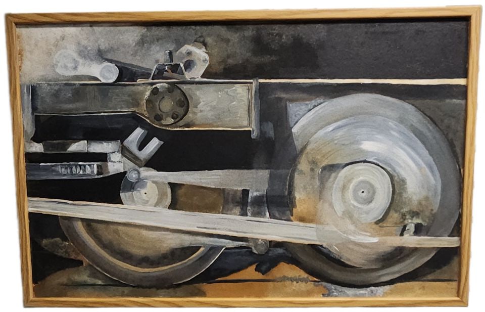 Postmodern oil painting impressionist reproduction depicting a vintage locomotive wheel assembly.: Title: Postmodern oil painting impressionist reproduction depicting a vintage locomotive wheel assembly. Description: Postmodern oil painting impressionist reproduction depicting a vintage locomotive